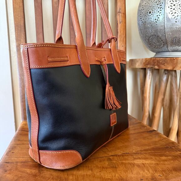 Dooney & Bourke Saffiano Leather Tassle Tote Bag — Black & Natural Trim - Picture 8 of 16